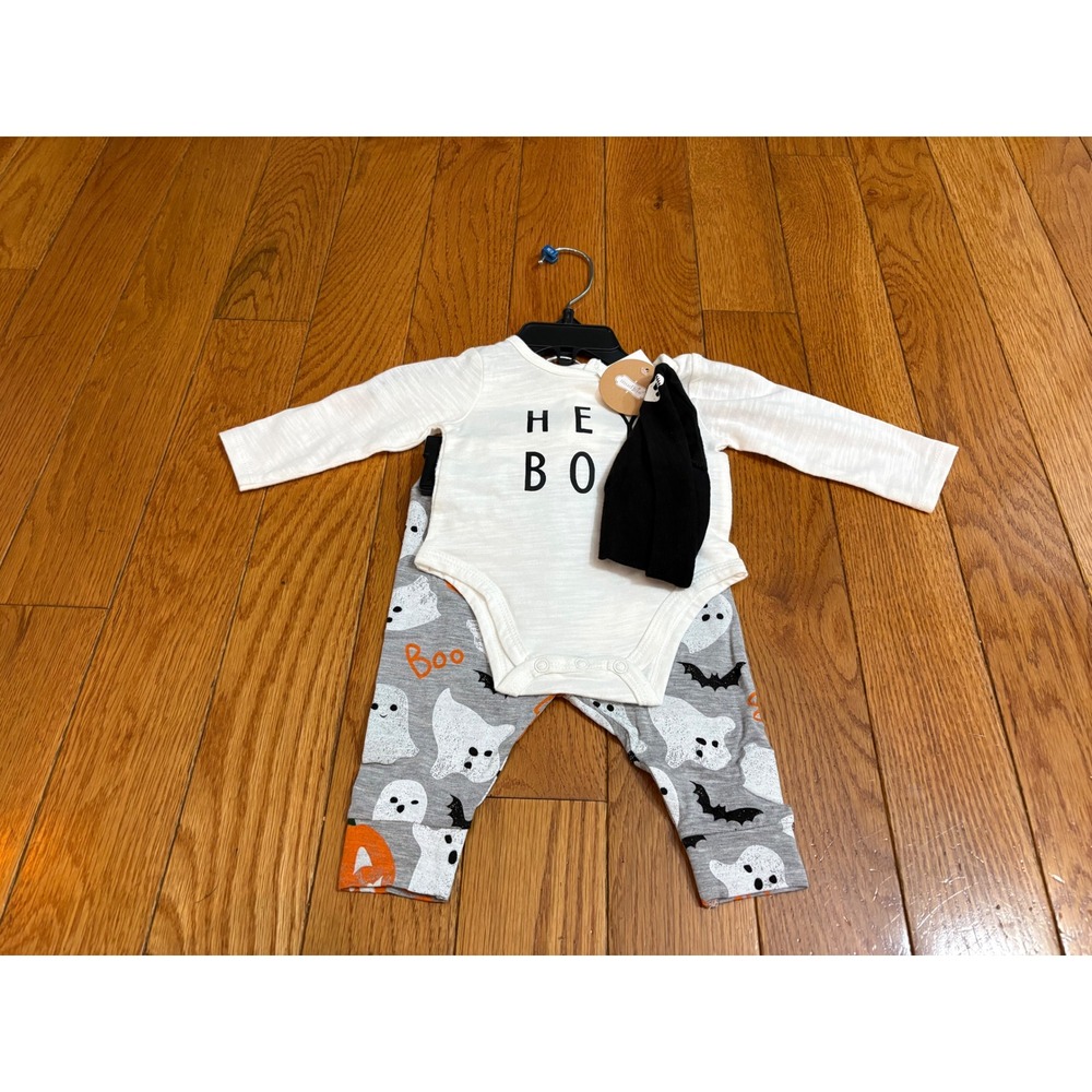 Mud Pie Hey Boo Crawler Set 0-3 Months Halloween Ghost Pumpkin 3‎ Piece New